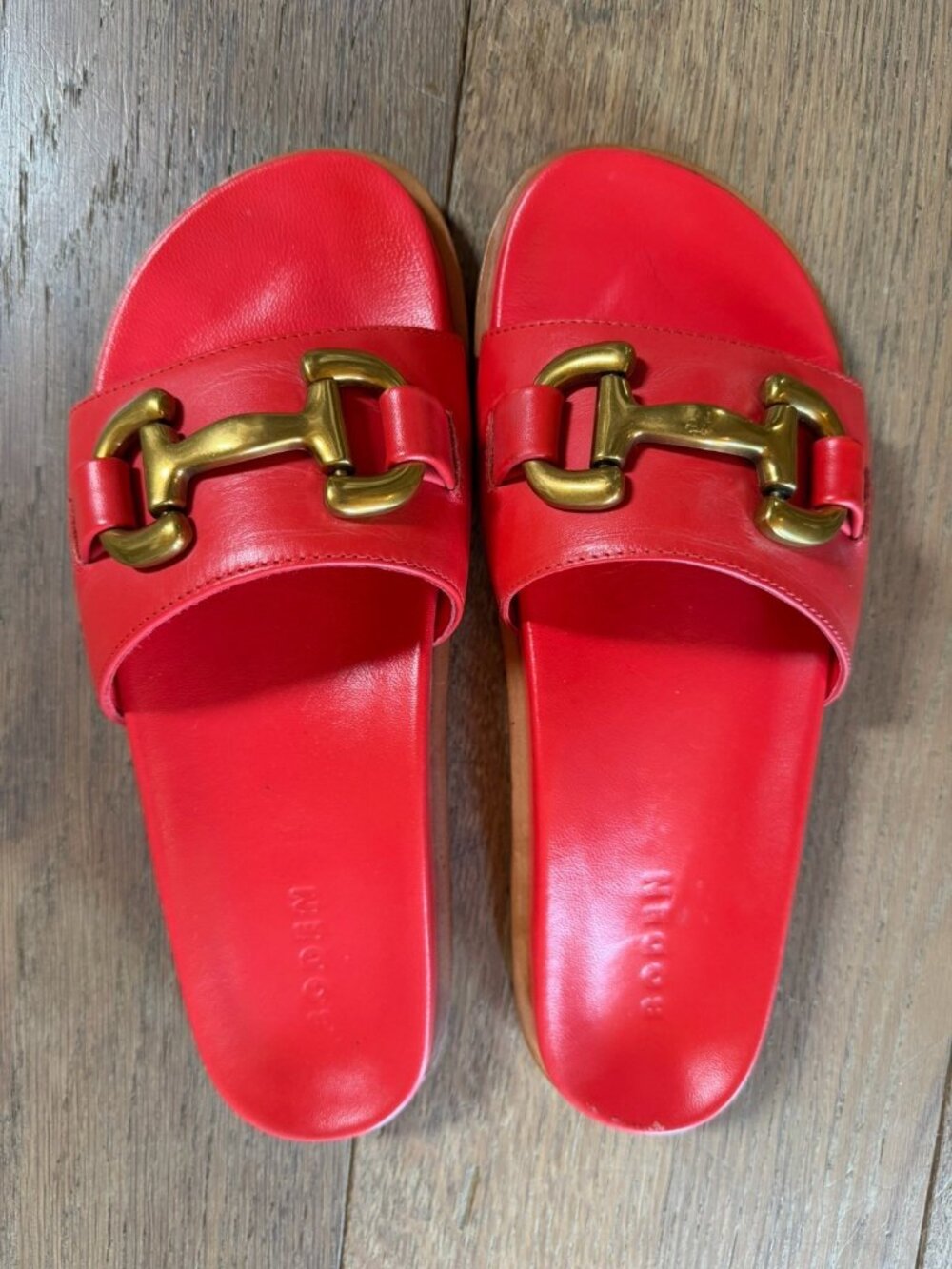 Boden Red Leather Slide Sandals with Gold Hardware